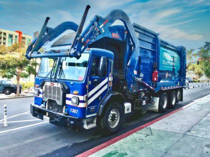 Photo of a blue garbage truck